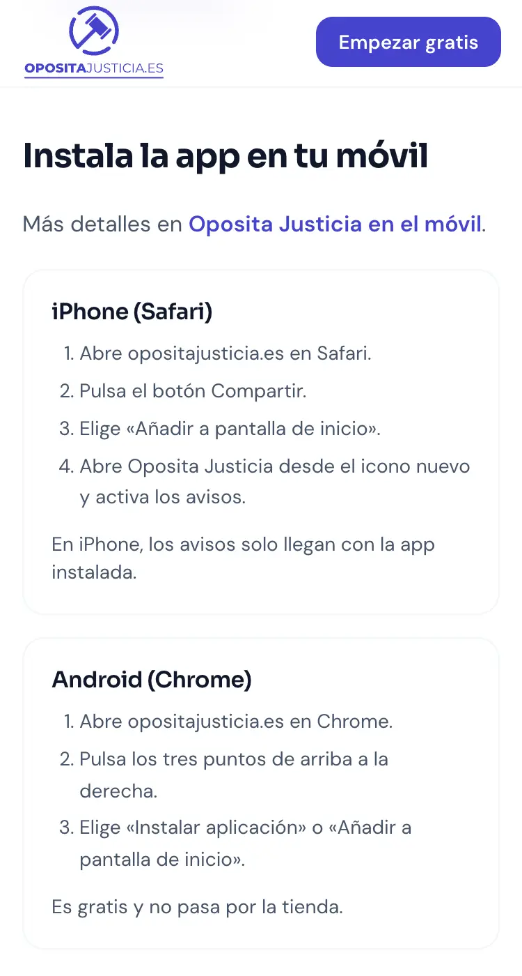 Pasos para instalar Oposita Justicia en la pantalla de inicio del iPhone y de Android