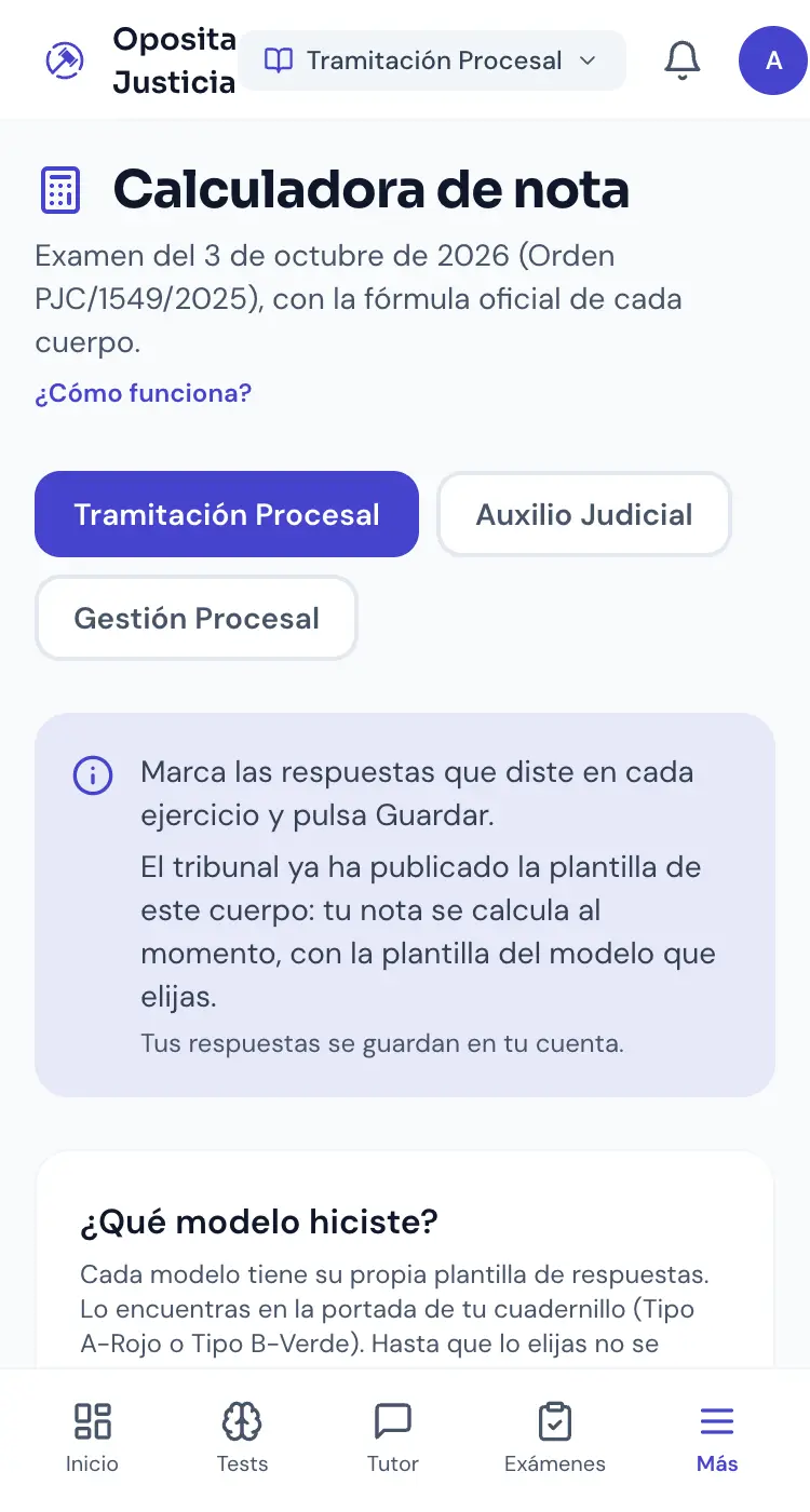 Calculadora de nota de Oposita Justicia en el móvil, con la elección de modelo de examen