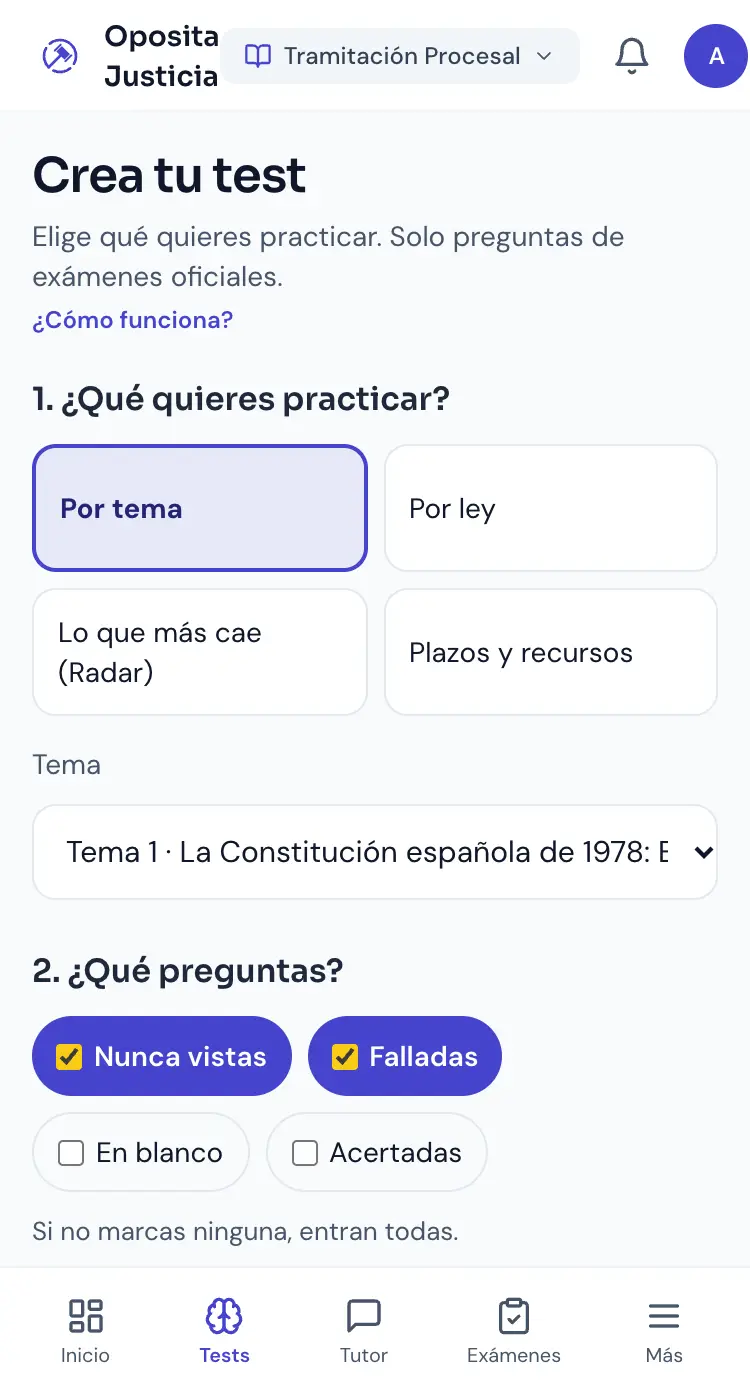 Pantalla «Crea tu test» de Oposita Justicia en el móvil, con las opciones de tema, tipo de pregunta y número