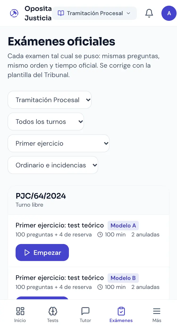 Lista de exámenes oficiales de Oposita Justicia en el móvil, con su convocatoria, ejercicio y nota