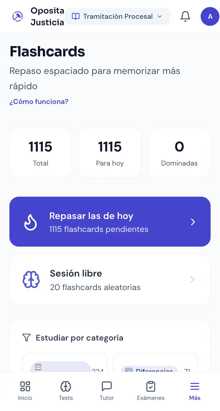 Pantalla de flashcards de Oposita Justicia en el móvil, con las tarjetas pendientes y las categorías