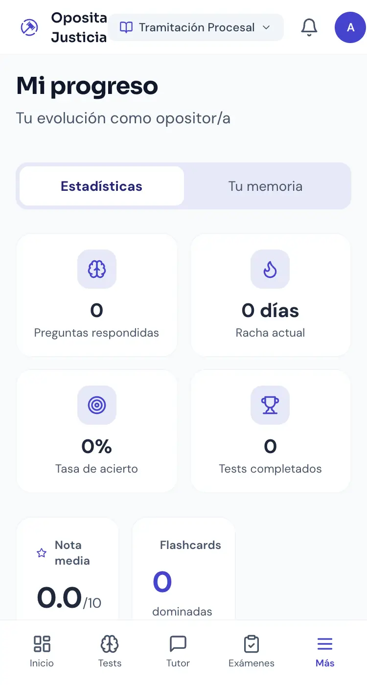 Pantalla Mi progreso de Oposita Justicia en el móvil, con las pestañas Estadísticas y Tu memoria