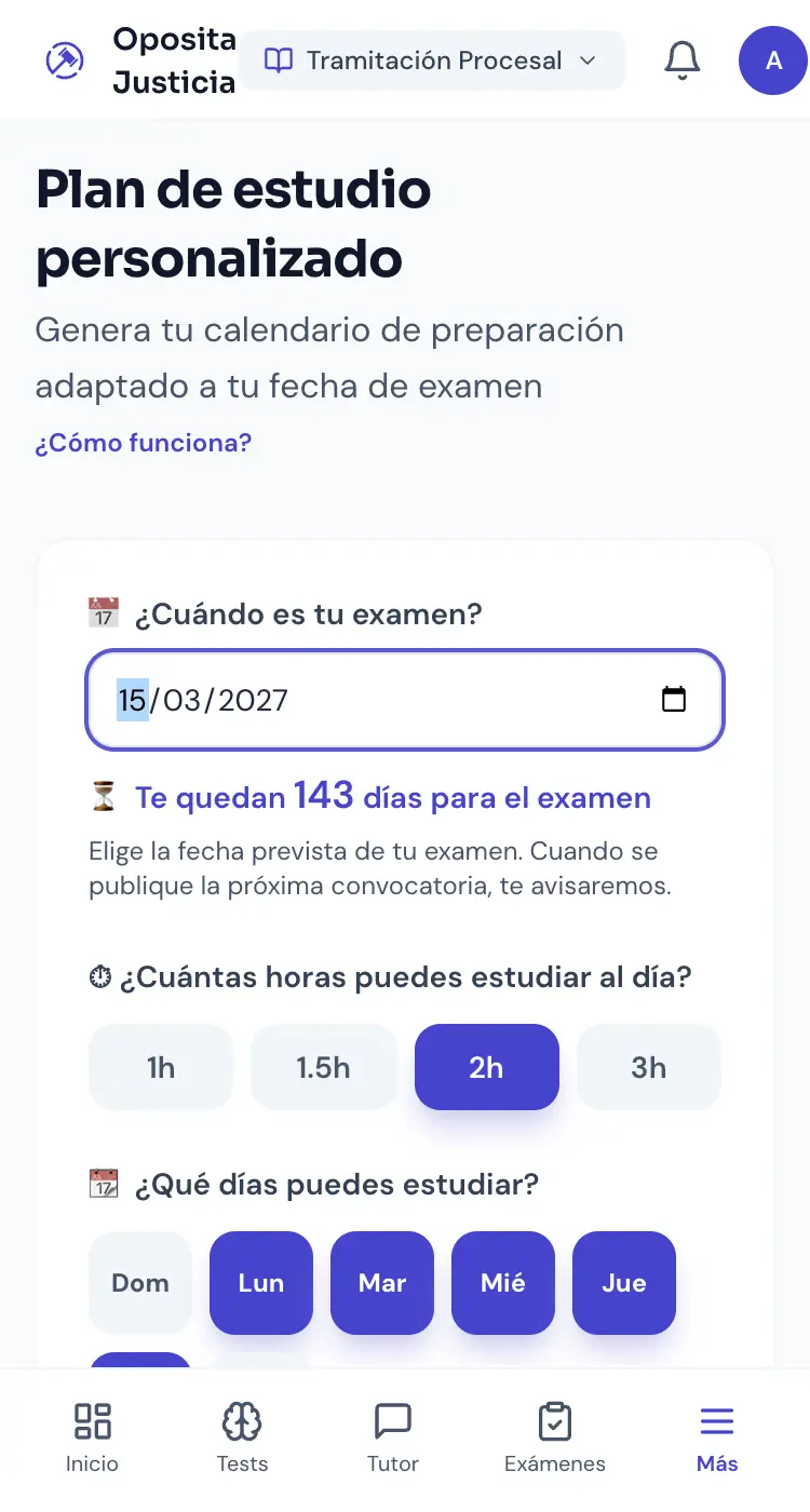 Formulario del plan de estudio de Oposita Justicia en el móvil: fecha del examen, horas al día y nivel
