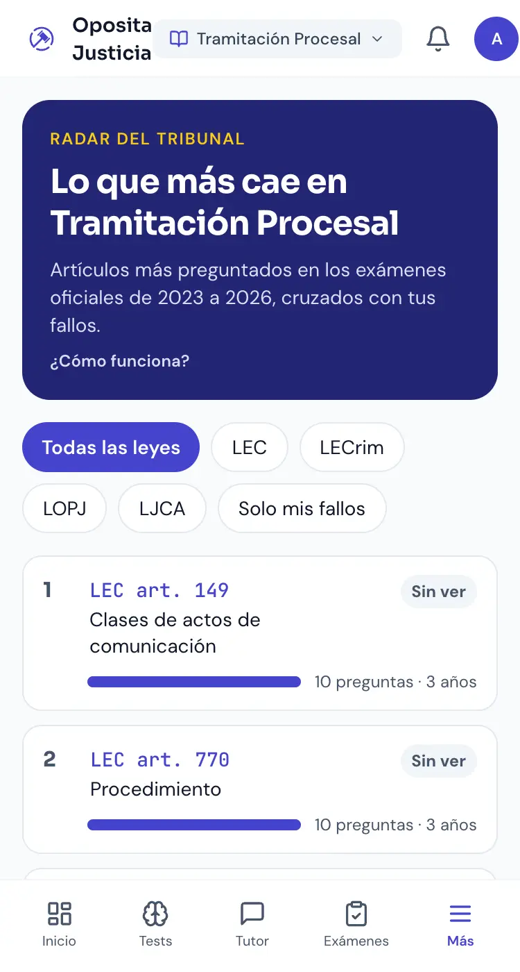 Radar del Tribunal de Oposita Justicia en el móvil: lista de artículos con las veces que han caído y tu estado en cada uno