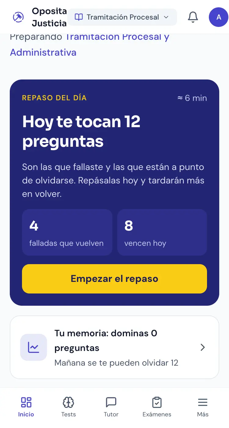 Repaso del día de Oposita Justicia en el móvil: una pregunta de la tanda con sus opciones