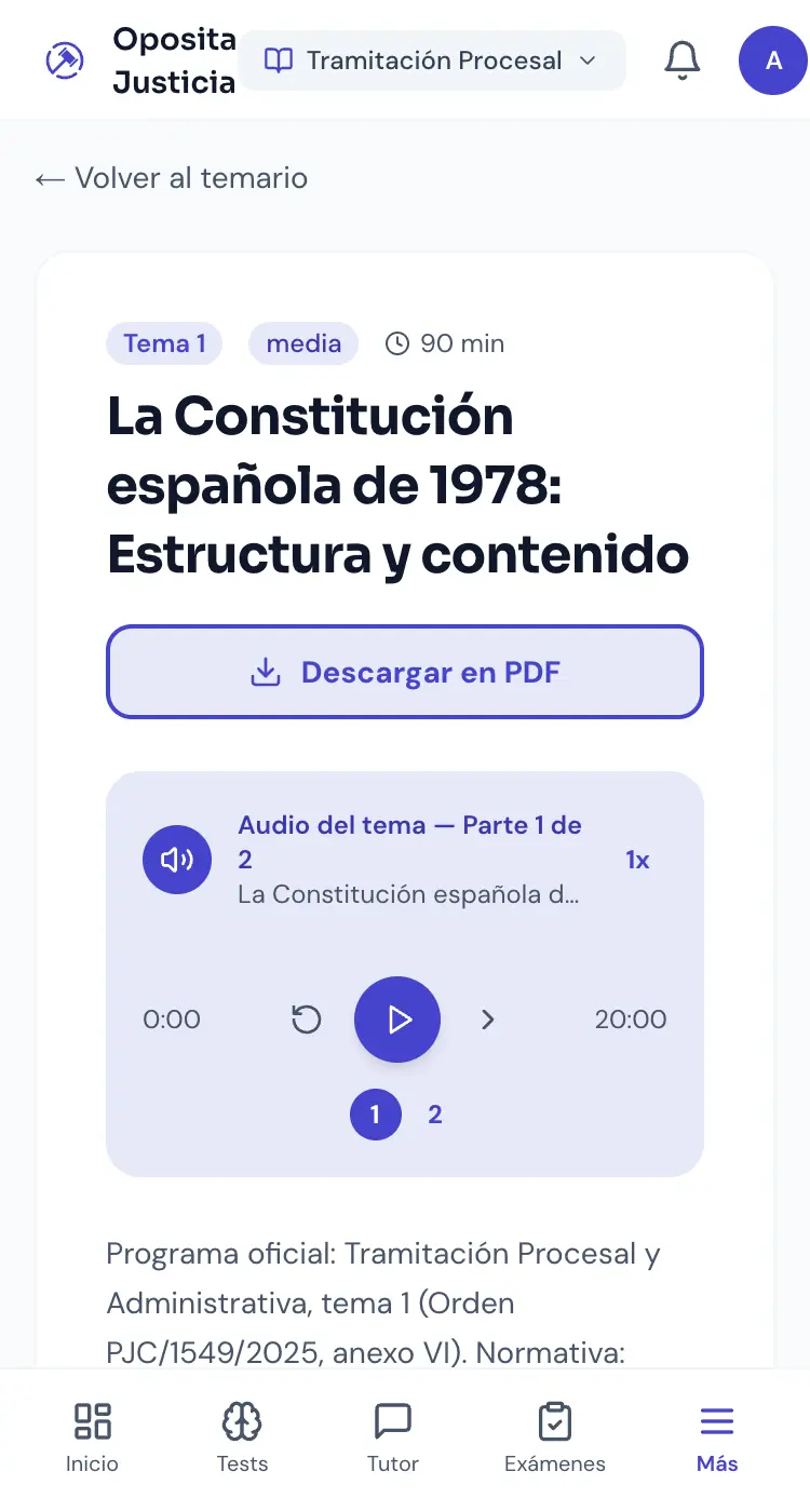 Un tema de Oposita Justicia en el móvil con el reproductor de audio y el selector de velocidad