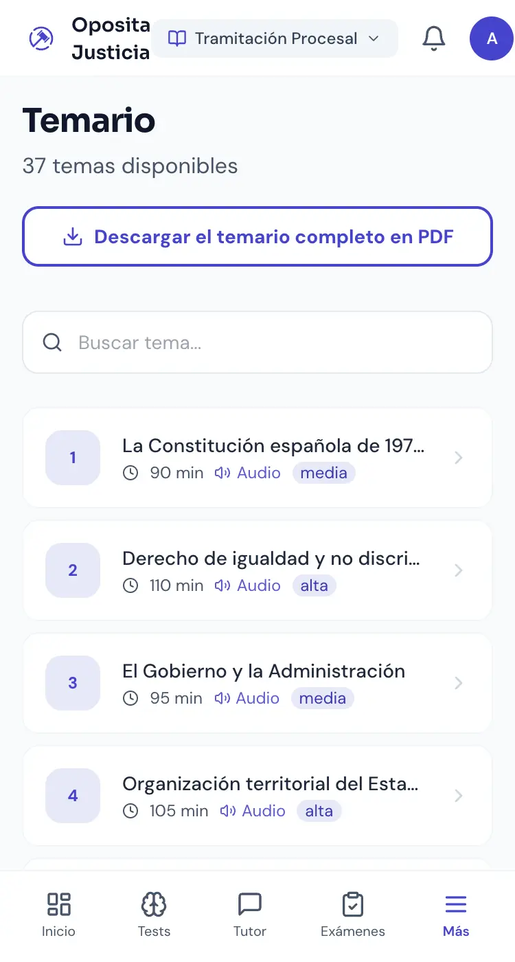 Lista de temas del temario de Oposita Justicia en el móvil, con su dificultad y tiempo de estudio