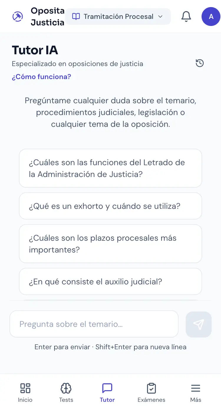 Pantalla del Tutor IA de Oposita Justicia en el móvil, lista para escribir una duda